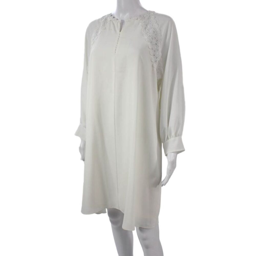 BCBGMAXAZRIA Women Shift Dress White V Neck Long Sleeve Knee Length Size L - Picture 2 of 5